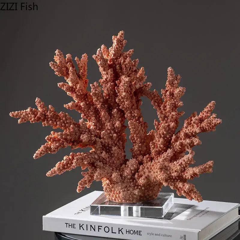 Modern light blue coral resin statue with intricate branching details in a textured terracotta orange finish for living room decoration