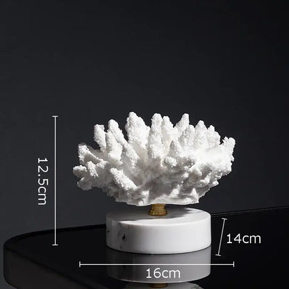 White coral resin statue with gold-toned stem on marble base modern light blue coral resin living room decoration