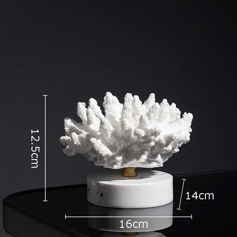 White coral resin statue with gold-toned stem on marble base modern light blue coral resin living room decoration