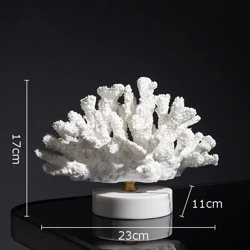 Modern light blue coral resin statue featuring white intricate coral resin sculpture on polished marble base for living room decor
