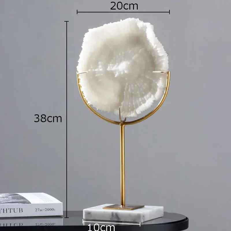 Modern light blue coral resin statue with white textured mineral on gold-toned stand for living room decoration
