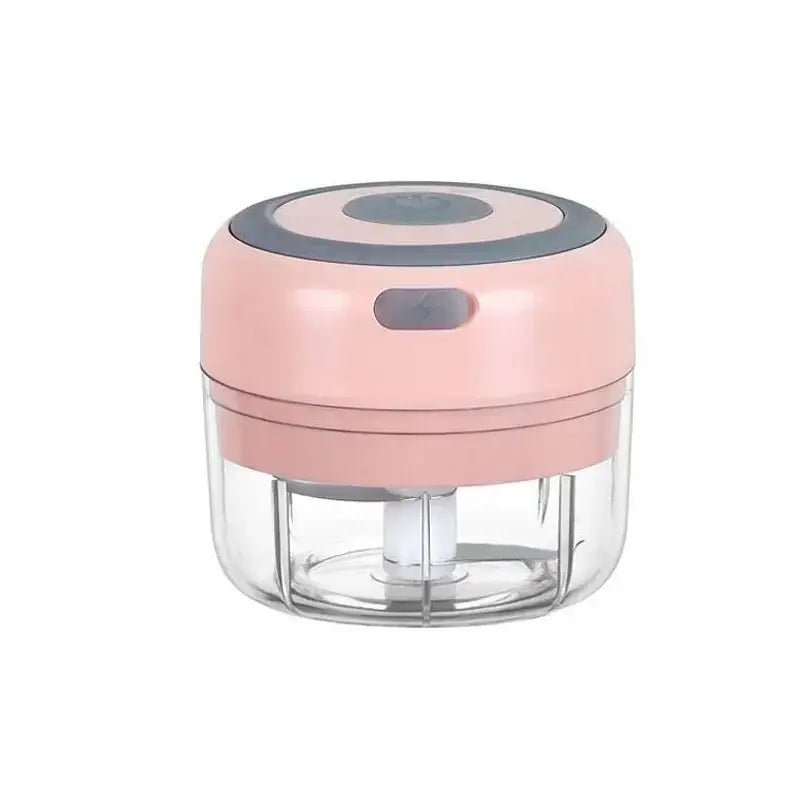 Modern light blue electric food chopper featuring pink and clear plastic design with gray circular button for easy use