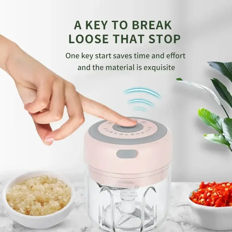 Modern light blue electric food chopper with a pink and gray handheld design and clear glass bowl for kitchen use