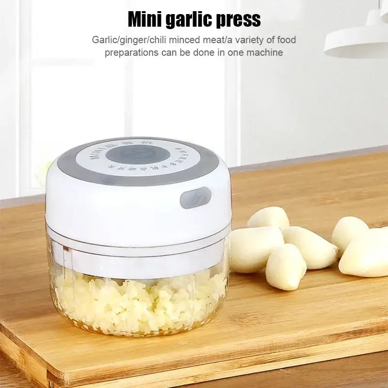 Modern light blue electric food chopper with white and gray garlic press and glass container for minced garlic