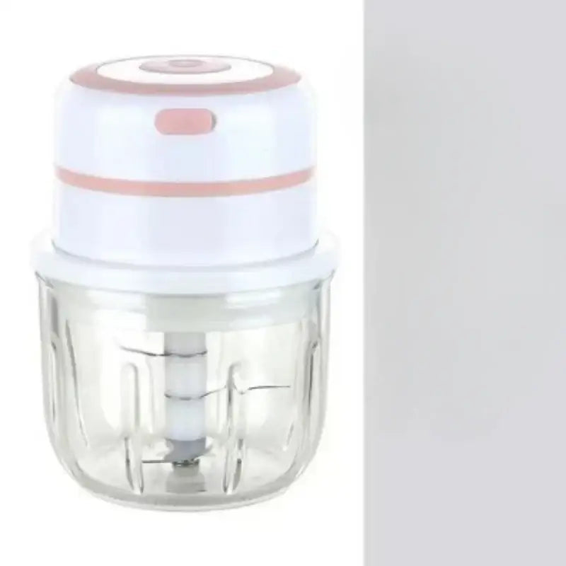 Modern light blue electric food chopper with white and blush pink design and clear glass bowl for kitchen use