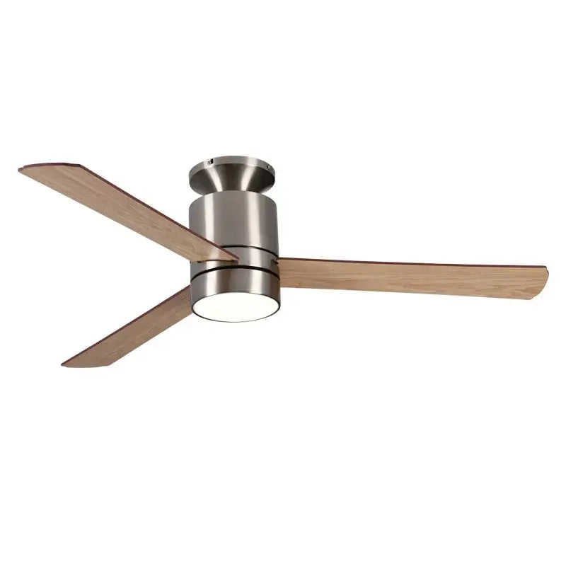 Modern light brown 40 inch led ceiling fan with remote control features three wooden blades and brushed stainless steel housing