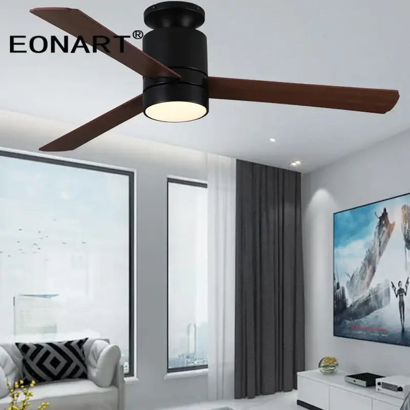 Modern light brown 40 inch led ceiling fan with remote control featuring black and wood finish and integrated light fixture