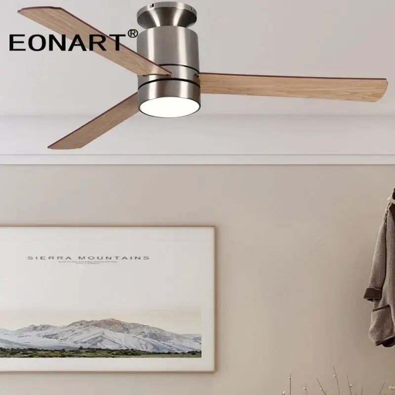 Modern light brown 40 inch led ceiling fan by Eonart with brushed stainless steel motor housing and remote control