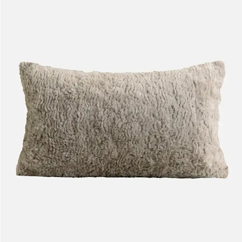 Rectangular light gray pillow cover with plush curly sheepskin texture for modern living room decorbites light coffee decor