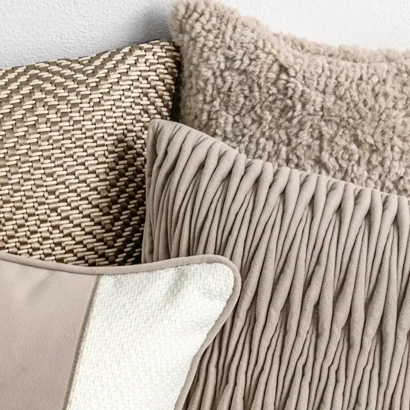 Beige pleated velvet pillow cover with soft texture and gray stitching for modern light coffee decorbites light coffee decor
