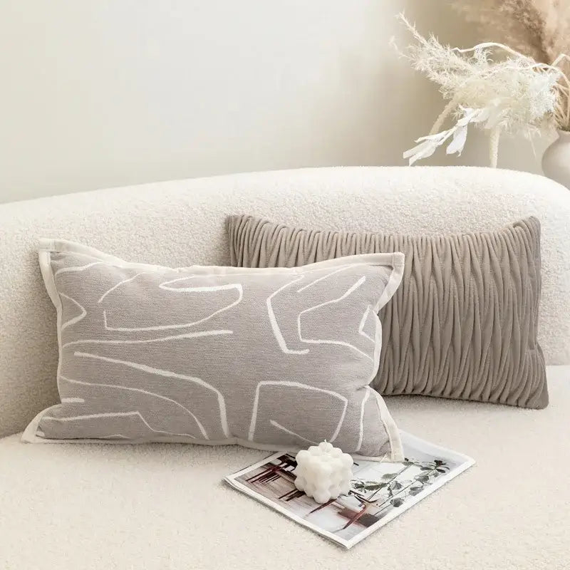 Gray rectangular cushion cover with white abstract embroidery soft textured fabric for living room decorbites light grey coffee