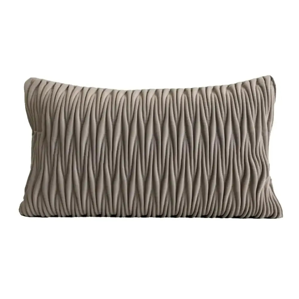 A taupe taupe-colored velvet cushion cover with a textured vertical ribbed surface for decorbites light grey living room decor