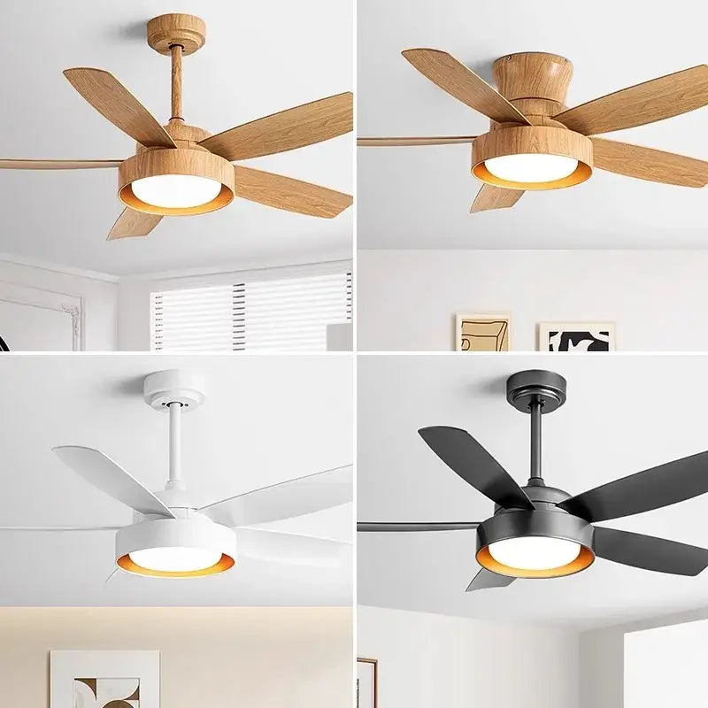 Modern light wood 5-blade ceiling fan with remote control and led light in natural wood, white, or matte black finish