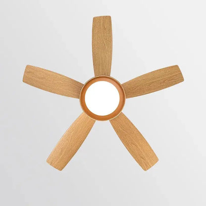 Modern light wood 5-blade ceiling fan with remote control led light and warm-toned circular fixture for bedroom use