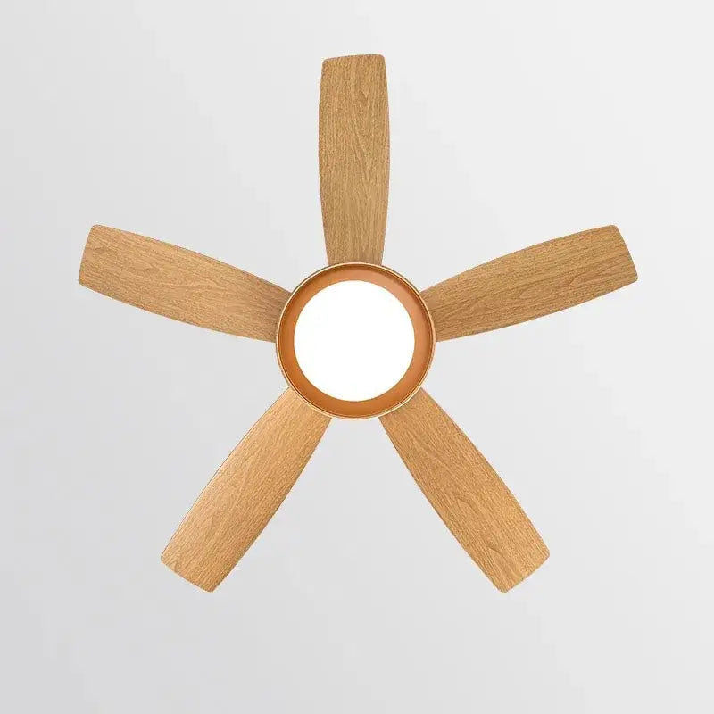 Modern light wood 5-blade ceiling fan with remote control led light and warm-toned circular fixture for bedroom use
