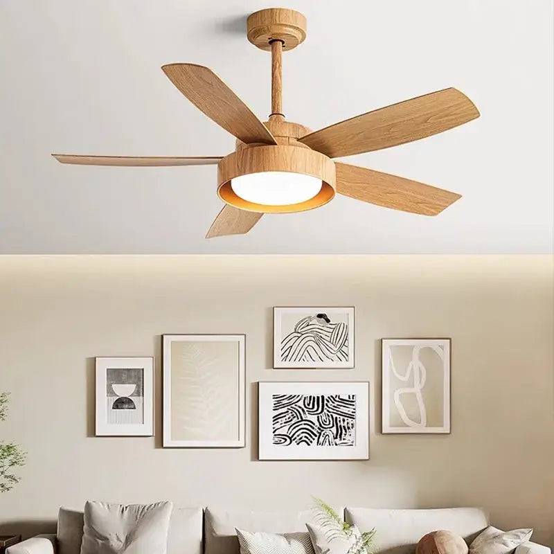 Modern light wood ceiling fan with five blades and remote control led light for bedroom use
