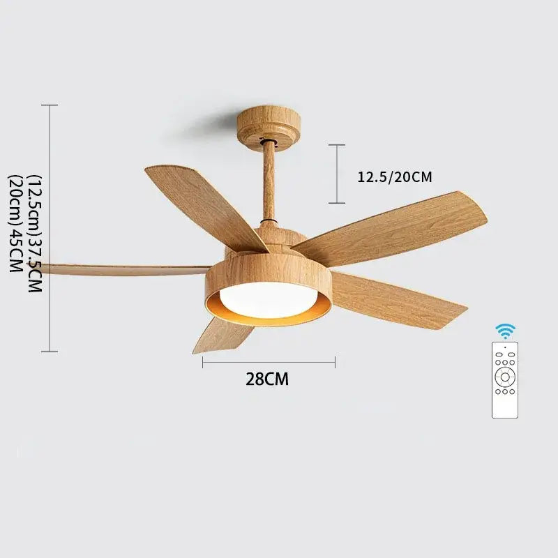 Modern light wood finish 5-blade ceiling fan with integrated led light and remote control for bedroom use