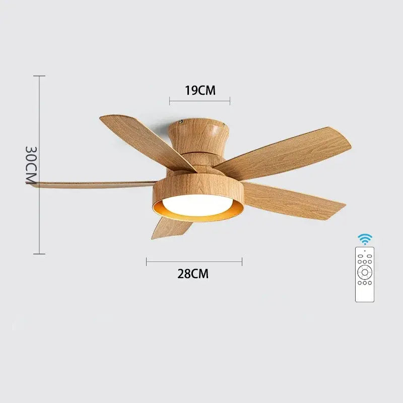 Modern light wood 5-blade ceiling fan with integrated led light and remote control for bedroom use