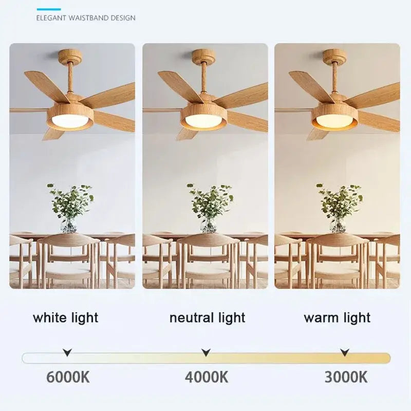 Modern light wood 5-blade ceiling fan with remote control and led light fixture for bedroom use