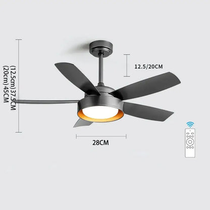 Modern black ceiling fan with integrated led light and remote control for bedroom use with light wood blades