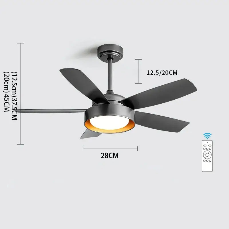 Modern black ceiling fan with integrated led light and remote control for bedroom use with light wood blades