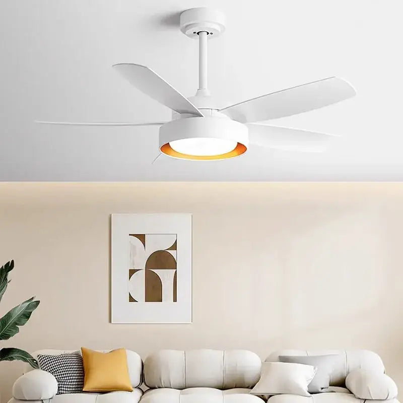 Modern light wood 5-blade ceiling fan with white blades remote control and warm-toned led light fixture for bedroom