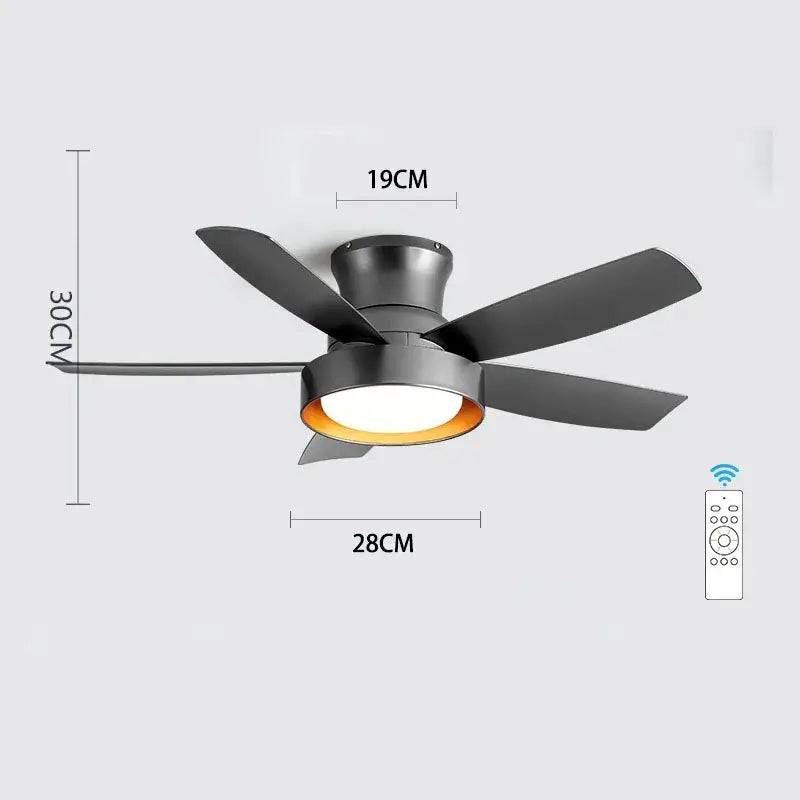 Modern black matte ceiling fan with remote control and integrated led light for bedroom use
