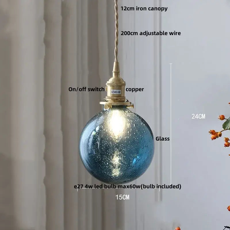 Modern lime and teal blue decorbites bubble glass ball pendant light with brass copper switch and iron canopy for dining room decor