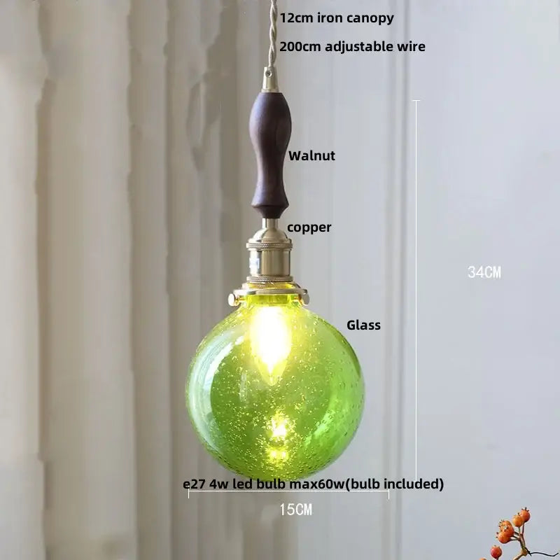 Modern lime and teal blue bubble glass ball pendant light with vibrant green glass and walnut iron canopy decorbites bubble glass