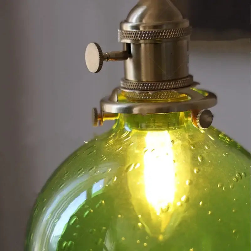 Modern lime and teal blue bubble glass ball pendant light with vintage green glass and brass fixture for dining room decorbites bubble glass