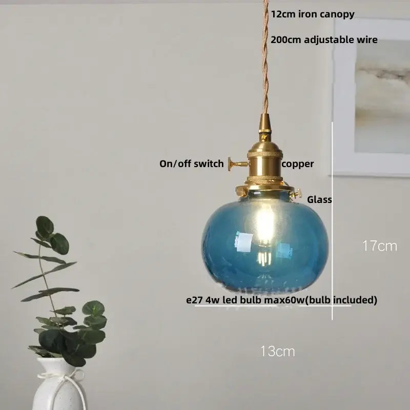 Modern lime and teal blue bubble glass ball pendant light with brass copper fixture and adjustable wire suspension decorbites bubble glass