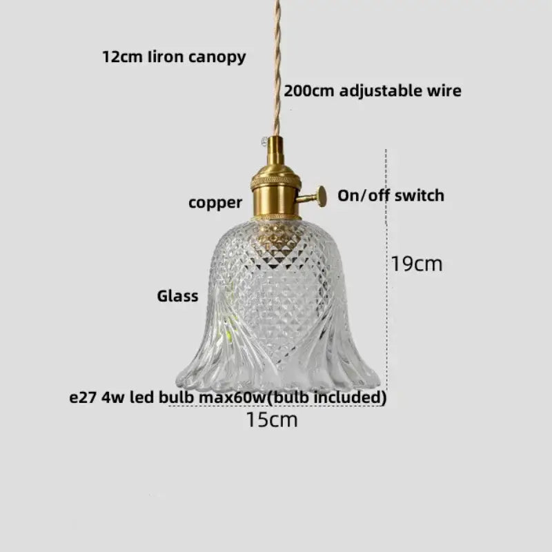 Clear intricately cut glass bell-shaped pendant light with brass copper fixture and adjustable wire decorbites bubble glass ball