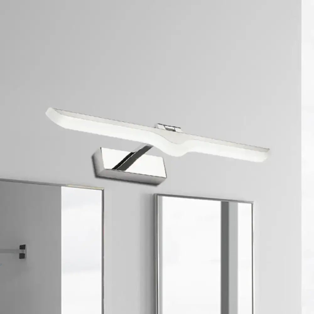 Modern linear acrylic nickel finish light fixture with chrome led vanity light and curved white diffuser for bathroom use