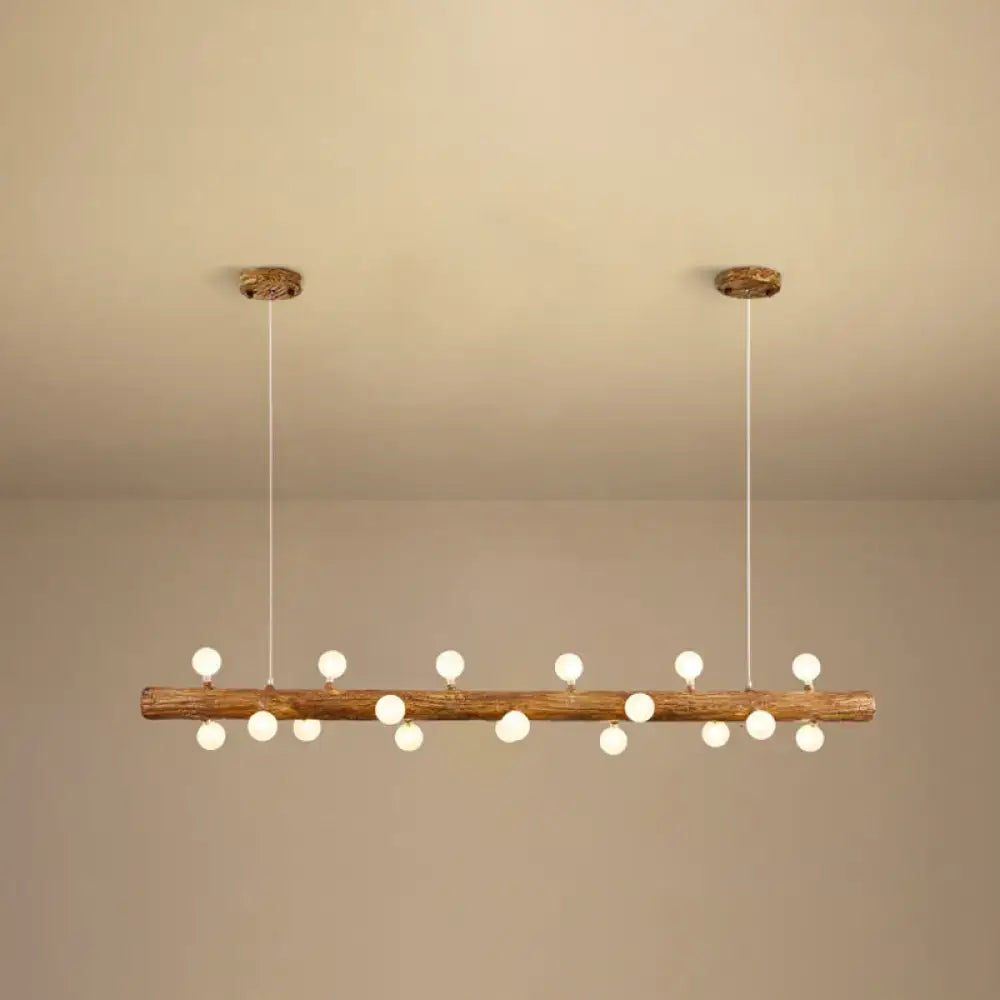Rustic wooden pendant light with evenly spaced white spherical bulbs by decorbites brown modern linear metal lamp