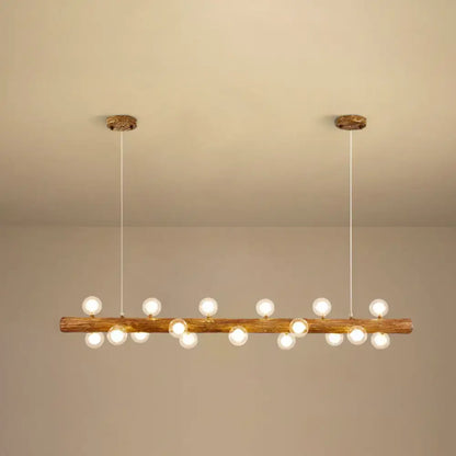 Rustic wooden log pendant light with multiple spherical bulbs in brown metal modern linear island pendant lamp