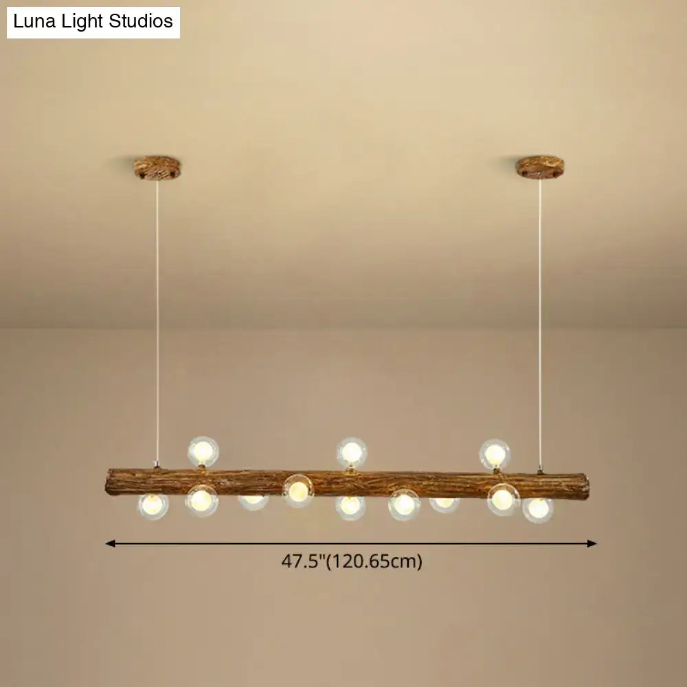 DecorBites brown modern linear island pendant lamp with rustic wooden beam and clear glass globe bulbs