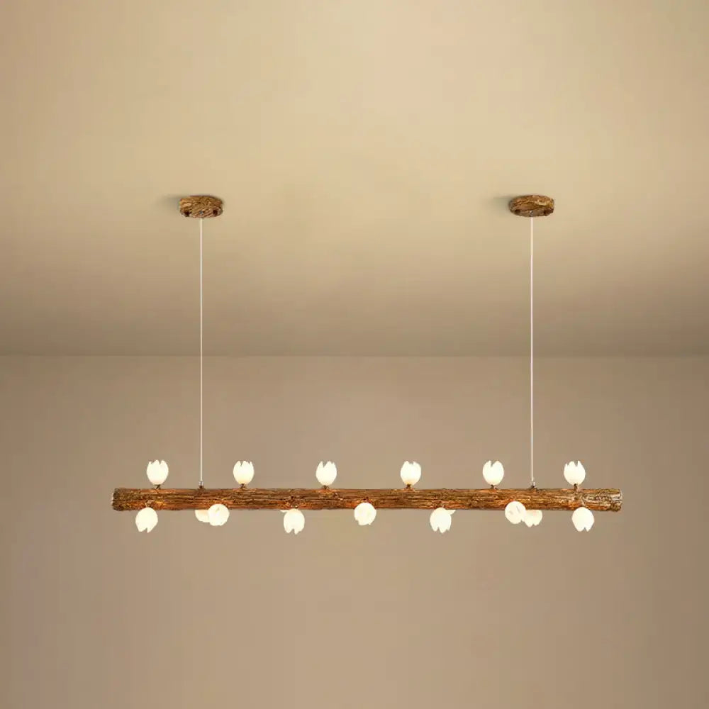 Decorbites brown modern linear island pendant metal lamp with rustic wooden log frame and white tulip-shaped bulbs