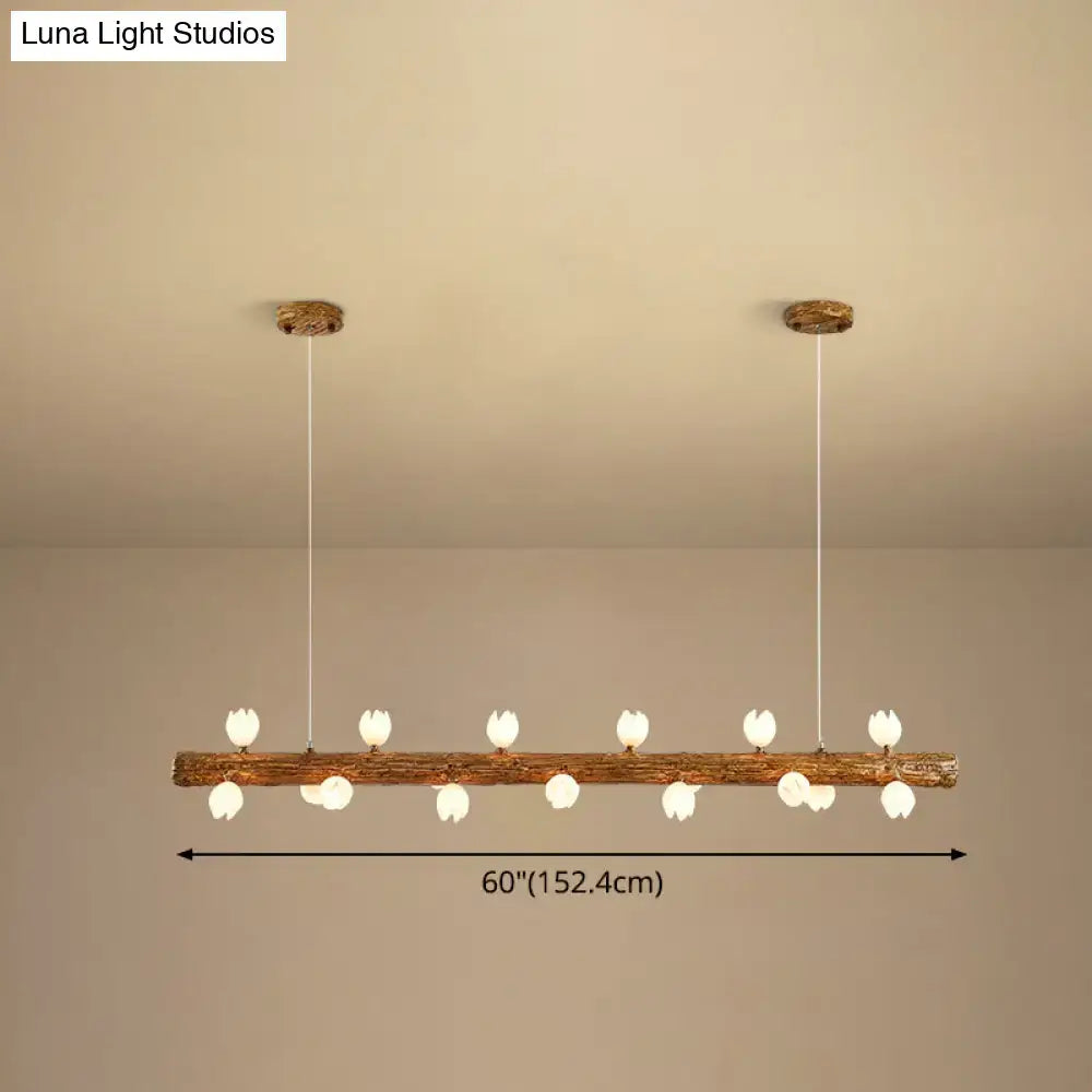 Rustic wooden log modern linear island pendant metal lamp with white tulip-shaped bulbs by decorbites brown