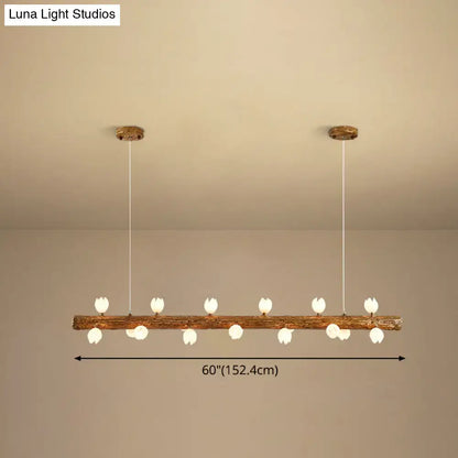 Rustic wooden log modern linear island pendant metal lamp with white tulip-shaped bulbs by decorbites brown