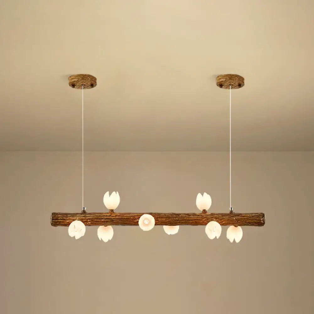 Rustic wooden log modern linear pendant light with six white tulip-shaped glass bulbs by DecorBites™ in brown metal