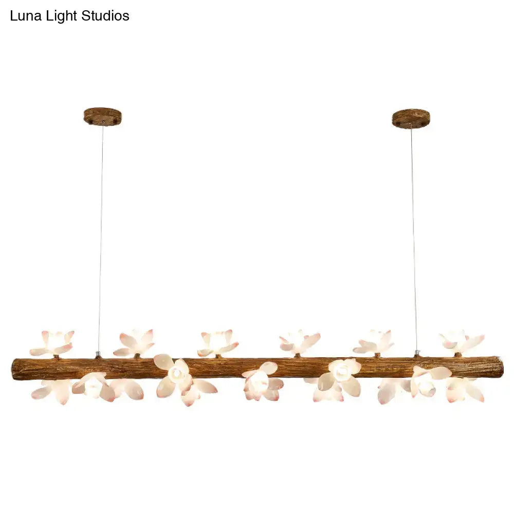 DecorBites brown modern linear island pendant metal lamp with rustic wooden branch and white flower-shaped lamps