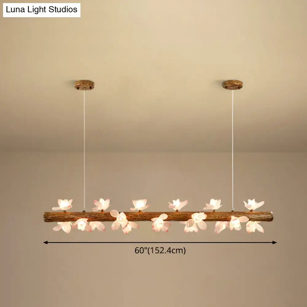 Decorbites™ brown modern linear island pendant metal lamp with rustic wooden branch and pink flower-shaped lamps
