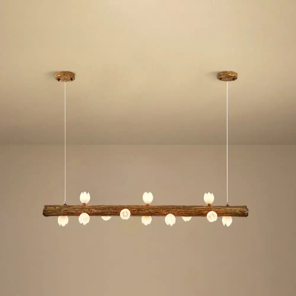 Decorbites™ brown modern linear island pendant metal lamp with rustic wooden log design and white ceramic flower-shaped bulbs