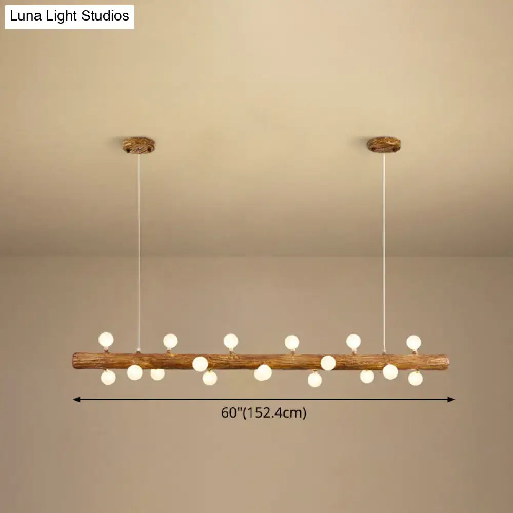 DecorBites brown modern linear pendant lamp with rustic wooden frame and white spherical bulbs for island lighting