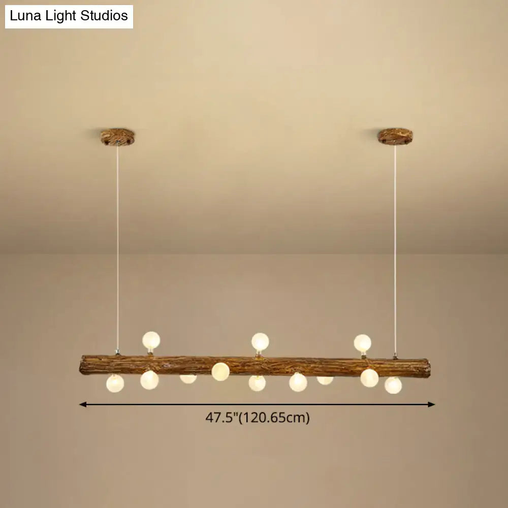Rustic wooden log modern linear island pendant light with white globe bulbs by DecorBites™ in brown metal design