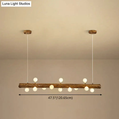 Rustic wooden log modern linear island pendant light with white globe bulbs by DecorBites™ in brown metal design