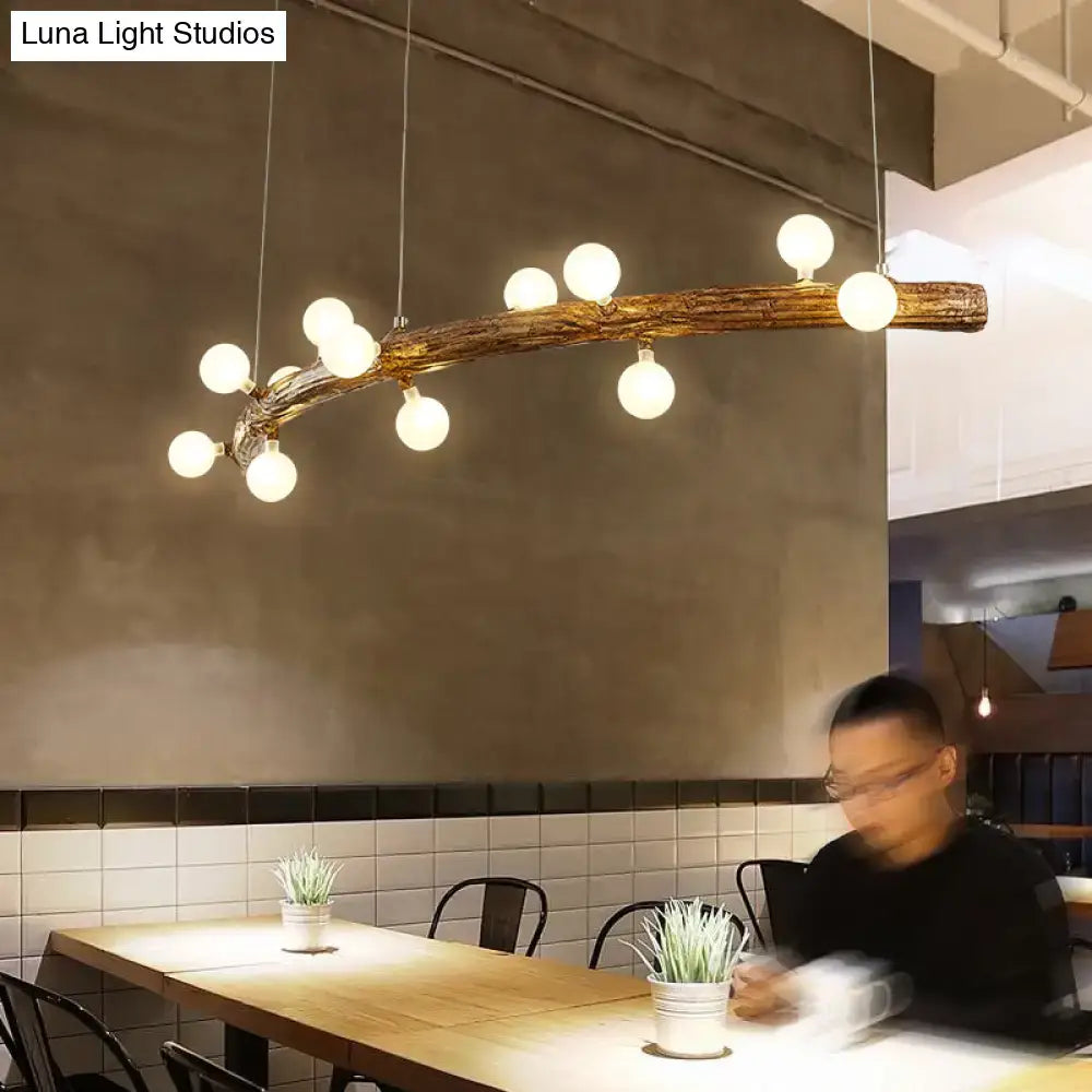 DecorBites brown modern linear island pendant metal lamp with rustic wooden branch and multiple spherical bulbs