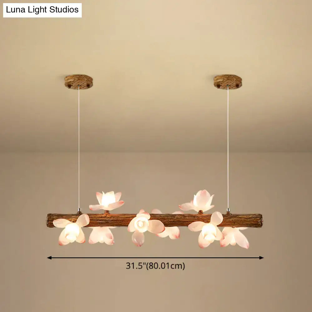 DecorBites brown modern linear island pendant metal lamp with rustic wooden branch and pink lotus flower fixtures