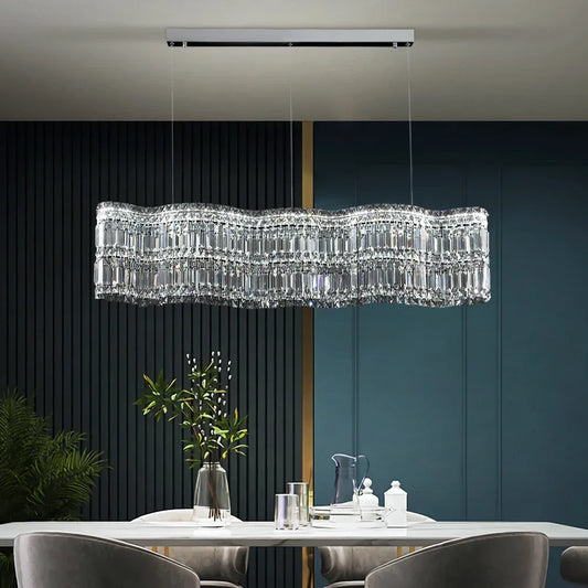 Modern Linear Crystal Pendant Light In Brushed Stainless
