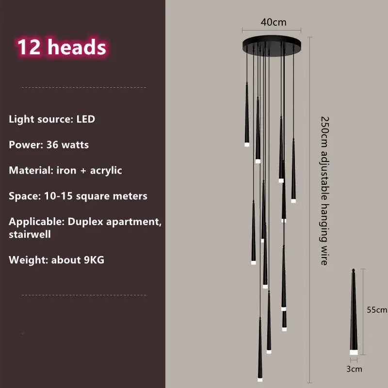 Modern loft black led stair chandelier with 12 tapered led light heads hanging from a circular iron base by decorbites loft black